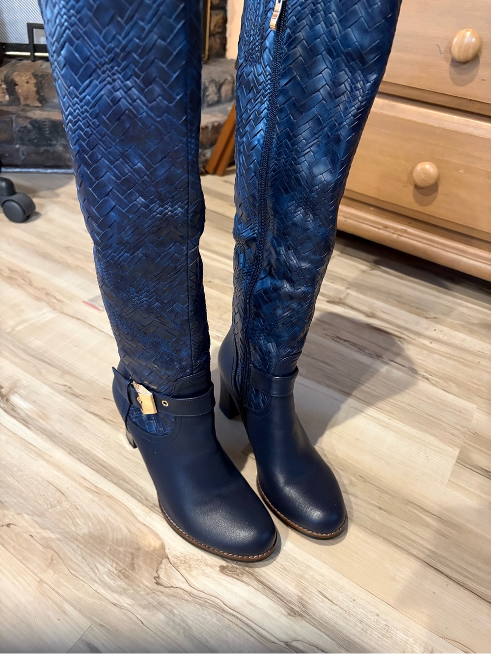 Woven Knee-High Riding Boots - Navy